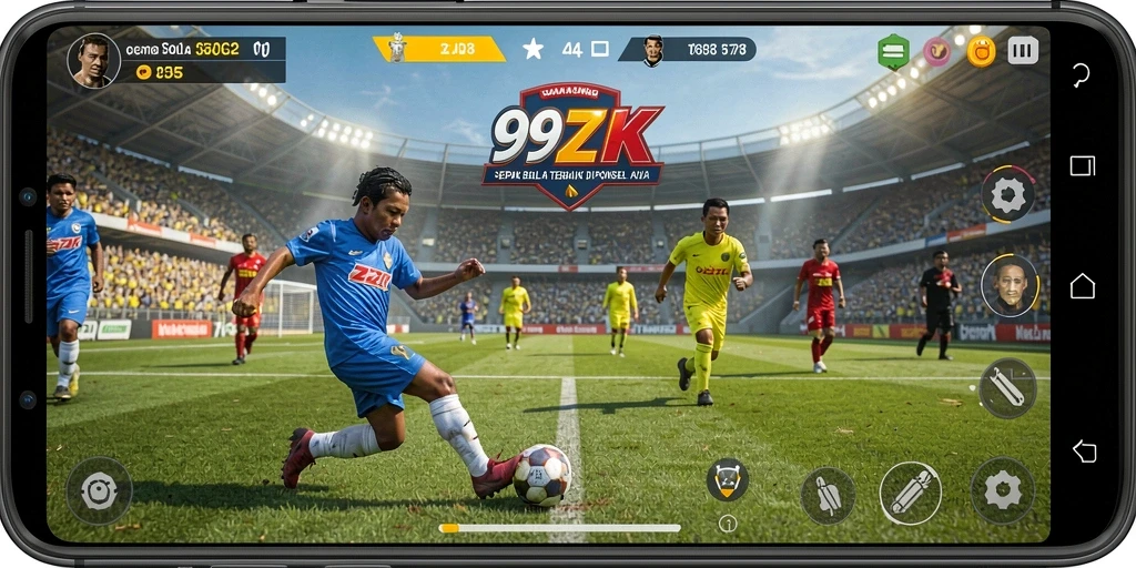Screenshot gameplay <strong>99ZK</strong> yang menampilkan aksi di lapangan sepak bola.