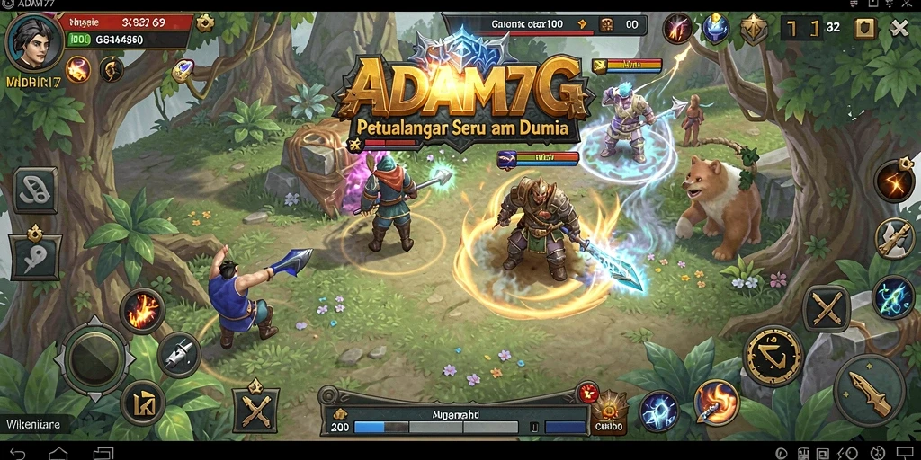 Screenshot utama menunjukkan aksi seru dalam permainan RPG ADAM77.