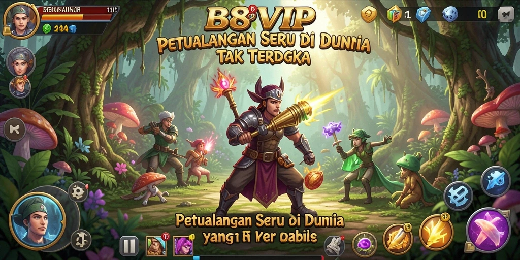 Screenshot B8VIP menunjukkan aksi petualangan mendebarkan di lingkungan yang indah.