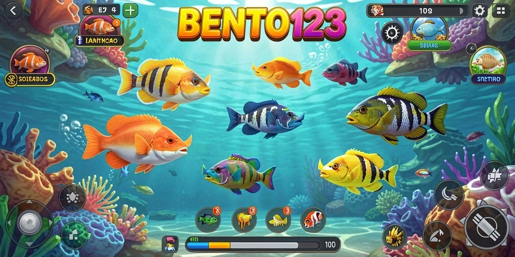 Tampilan screenshot BENTO123 menampilkan aksi seru menembak ikan.