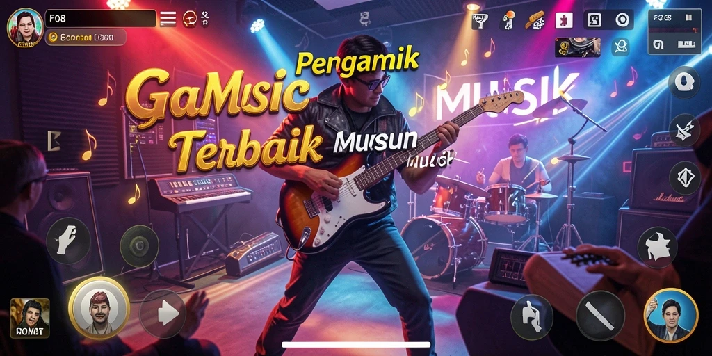 Screenshot gameplay FO8 menampilkan antarmuka musik yang dinamis dan berwarna.