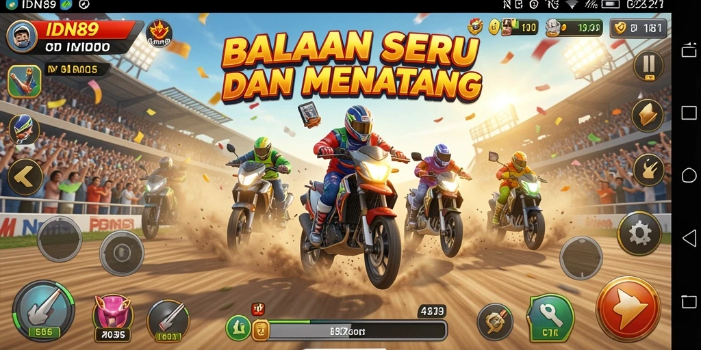 Screenshot gameplay IDN89 menunjukkan aksi balapan yang mendebarkan dengan mobil berkecepatan tinggi.
