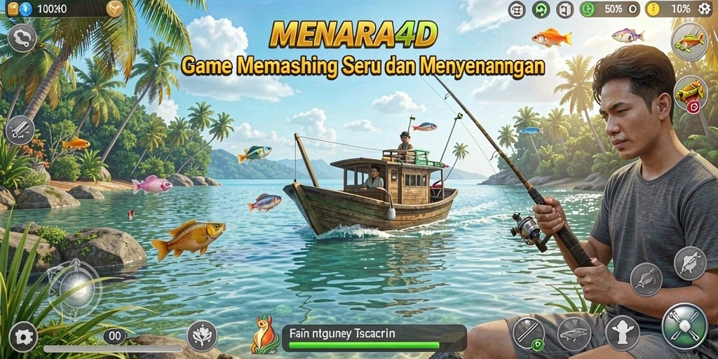 Screenshot utama MENARA4D menampilkan sesi memancing yang seru dan menantang.