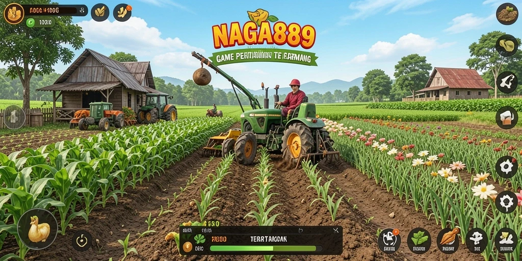 Screenshot gameplay NAGA889 menunjukkan ladang yang subur dan interaksi pemain.