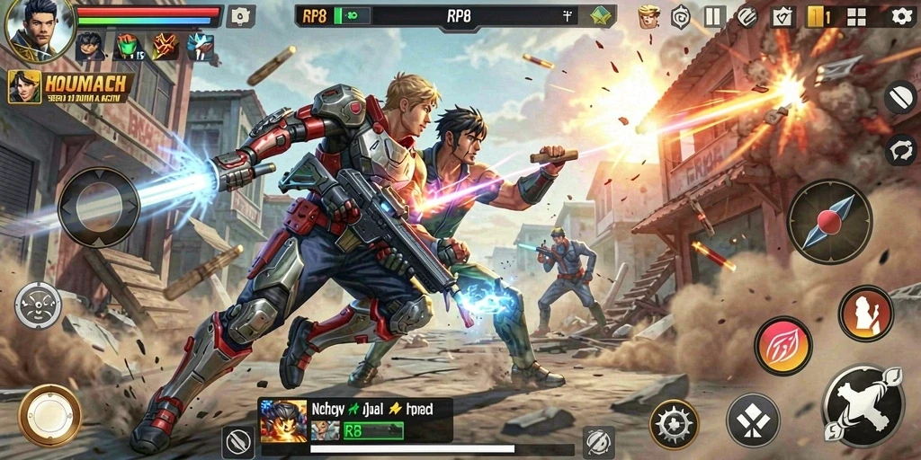 Screenshot RP8 menampilkan pertarungan seru dengan karakter beraksi.