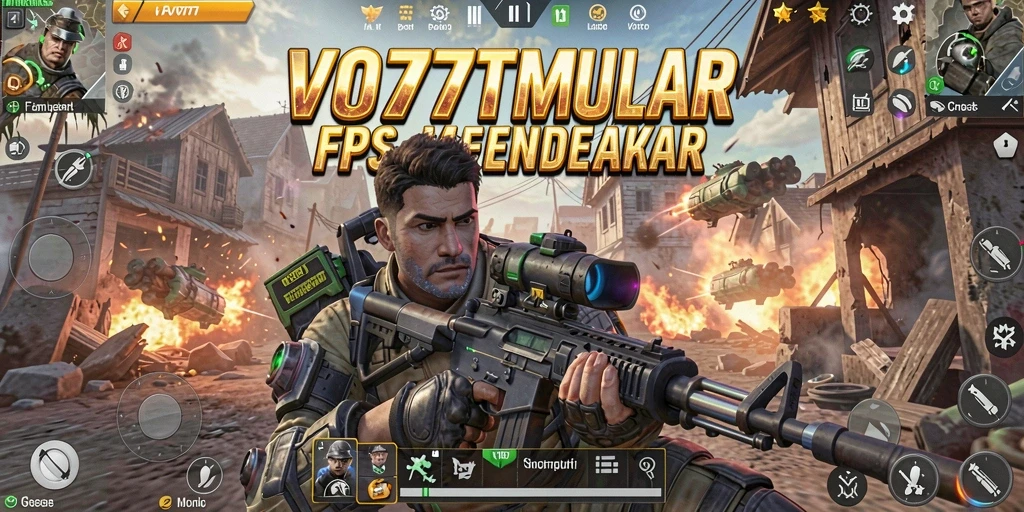 Screenshot utama menunjukkan aksi intens dalam gameplay VO777 FPS.