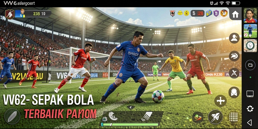 Screenshot gameplay VV62 yang menunjukkan aksi sepak bola seru.